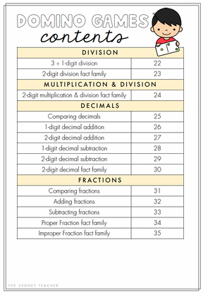 Sheet with educational content on division, multiplication, decimals, and fractions with a child illustration at the top.
