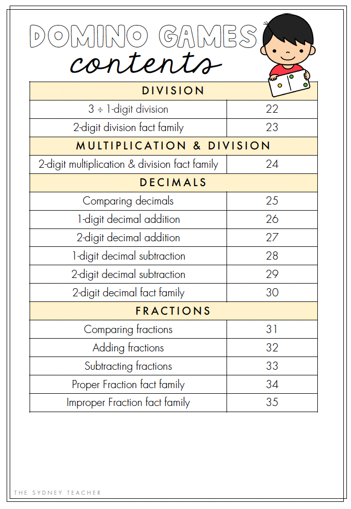 Sheet with educational content on division, multiplication, decimals, and fractions with a child illustration at the top.