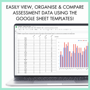 Laptop displaying Google Sheets with data and charts on a white background with text 'Easily view, organise, and compare assessment data using the google sheet templates!'