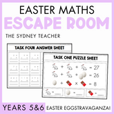 Years 5 and 6 Easter Maths Escape Room activity by the Sydney Teacher, featuring task four and one puzzle sheets with math problems on a purple border. The text below reads 'Easter Eggstravaganza!'