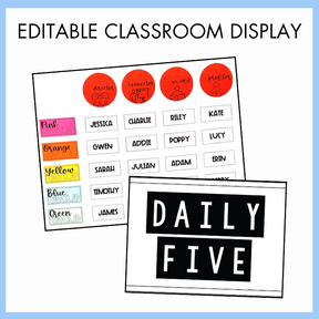 Educational classroom display with names and color labels and a Daily Five poster with 'editable classroom display' on a light blue background.