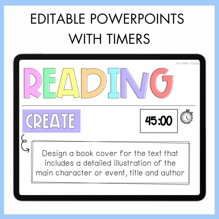Powerpoint slide with colorful text and timer design on a blue border with text 'Editable PowerPoint with Timers.'