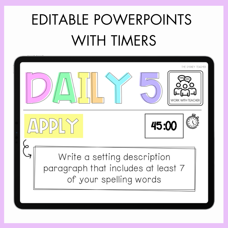 Powerpoint slide with 'Daily 5' and timer design on a purple background with text above that reads 'Editable PowerPoint with Timers.'