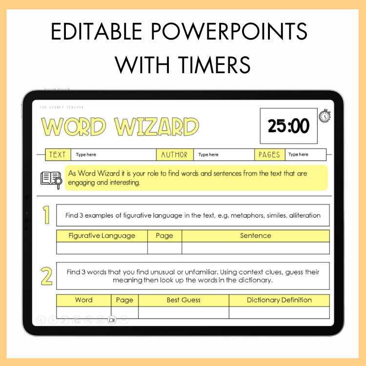 PowerPoint slide with 'Word Wizard' activity on a tablet screen, featuring texts and timer.