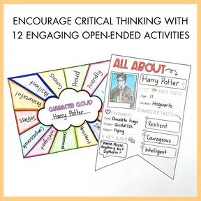 Educational materials for critical thinking with character cloud and all about me character bunting on a white background with text 'encourage critical thinking with 12 engaging open-ended' activities on top.