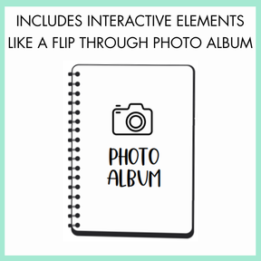 Spiral-bound photo album with a camera icon and 'Photo Album' text on a light green background. On top, the text reads 'includes interactive elements like a flip through photo album'. 