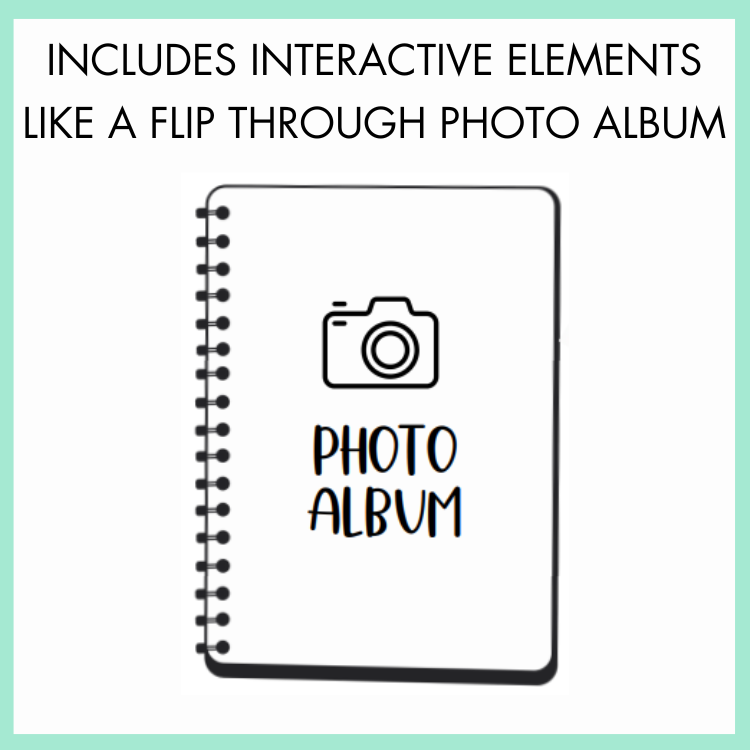 Spiral-bound photo album with a camera icon and 'Photo Album' text on a light green background. On top, the text reads 'includes interactive elements like a flip through photo album'. 
