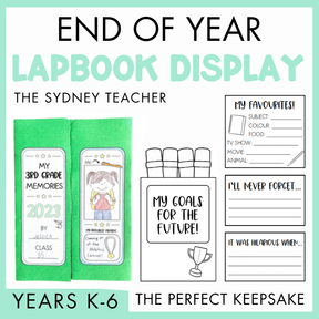 End of year lapbook display for Years K-6 by The Sydney Teacher featuring green cover and its parts such as my goals for the future, my favourites, I'll never forget, and it was hilarious when.. on a light green background.