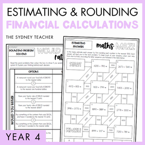 Estimating and rounding financial calculations pack by The Sydney Teacher. Below are overlapping Year 4 maths would you rather and maths maze materials on a purple background. 