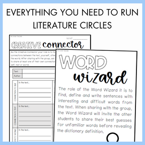 Educational worksheets titled 'Creative Connector' and 'Word Wizard' with text that reads 'Everything You Need to Run Literature Circles'.