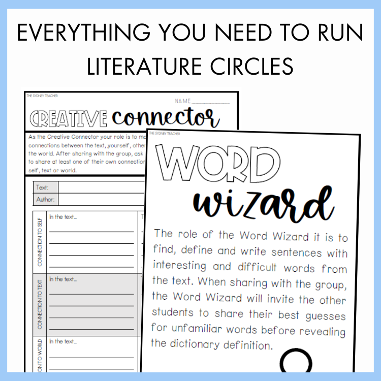 Educational worksheets titled 'Creative Connector' and 'Word Wizard' with text that reads 'Everything You Need to Run Literature Circles'.