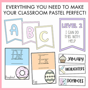 Educational posters and signs with letters, numbers, and graphics on a pink border. Above, the text reads 'Everything you need to make your classroom pastel perfect!'