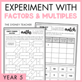 Cover of a educational product titled 'Experiment with Factors and Multiples' for Year 5, by The Sydney Teacher featuring sample Maths Match worksheet on factors and multiples and a maths maze activity.