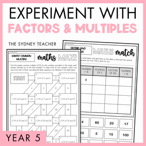 Cover of a educational product titled 'Experiment with Factors and Multiples' for Year 5, by The Sydney Teacher featuring sample Maths Match worksheet on factors and multiples and a maths maze activity.