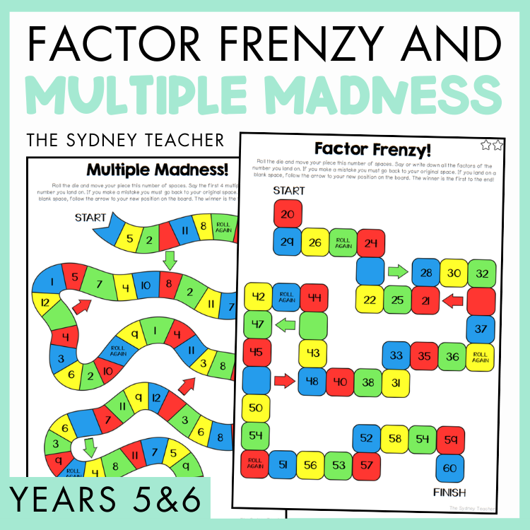 Educational game boards for Factor Frenzy and Multiple Madness by The Sydney Teacher for Years 5&6 with colourful paths and numbers.
