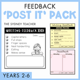 Feedback 'Post It' Pack for teachers by the Sydney Teacher with various feedback forms and checklists. Below is a light blue banner with text that reads 'Years 2-6'. 