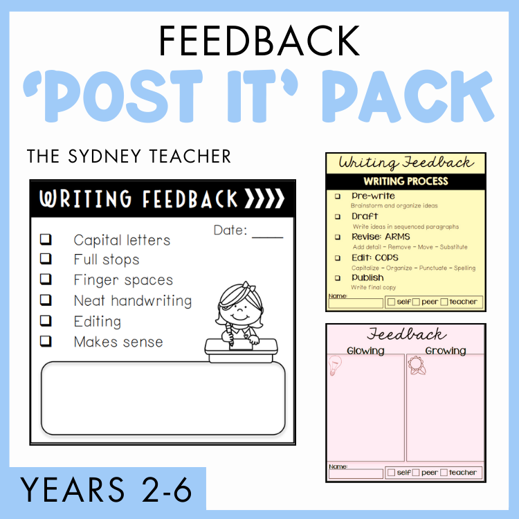 Feedback 'Post It' Pack for teachers by the Sydney Teacher with various feedback forms and checklists. Below is a light blue banner with text that reads 'Years 2-6'. 