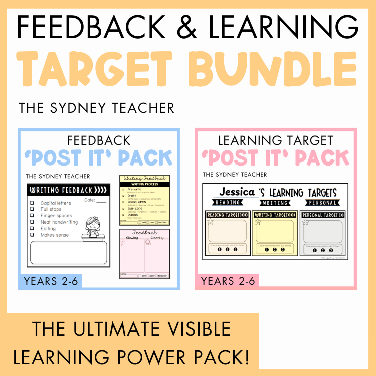 Promotional image for 'Feedback & Learning Target Bundle' by The Sydney Teacher with colorful post-it packs. Below is a banner with text 'The Ultimate Visible Learning Power Pack.'