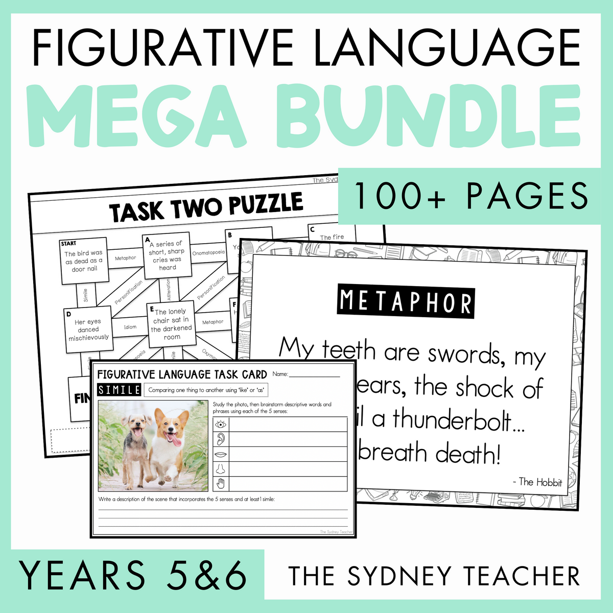 Figurative Language Mega Bundle for Years 5&6 by The Sydney Teacher featuring Figurative Language Task Card showing Simile, Task Two puzzle and 'Metaphor' activity. A light green banner on the right side shows text that reads '100+ pages'.  