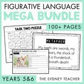 Figurative Language Mega Bundle for Years 5&6 by The Sydney Teacher featuring Figurative Language Task Card showing Simile, Task Two puzzle and 'Metaphor' activity. A light green banner on the right side shows text that reads '100+ pages'.  