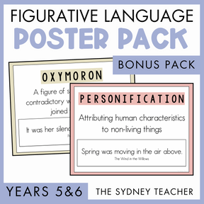 Figurative Language Poster Pack for Years 5&6 by The Sydney Teacher with examples of oxymoron and personification on a light blue background. A banner on the right side shows the text 'Bonus Pack'. 