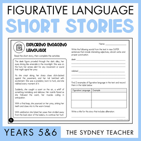 Figurative Language Short Stories pack for years 5 & 6 by The Sydney Teacher featuring a sample Exploring Engaging Language worksheet on a light blue background. 