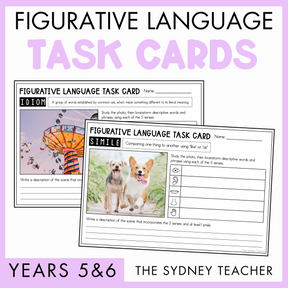 Figurative Language Task Cards by the Sydney Teacher for Years 5&6 with examples featuring Similie and Idioms with photo prompts and space for answers on a purple background.