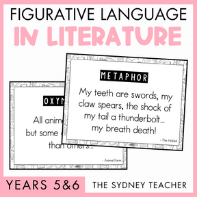 Educational material on figurative language in literature by The Sydney Teacher for Years 5&6 with examples 'Oyxmoron' and 'Metaphor' on a pink background. 