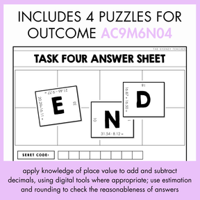Task Four answer sheet with puzzle pieces with a letter in each piece and decimal operation around it. The text at the top reads, 'Includes 4 Puzzles for Outcome AC9M6N04'. At the bottom, the outcome description reads, 'apply knowledge of place value to add and subtract decimals, using digital tools when appropriate; use estimation and rounding to check reasonableness of answers.'