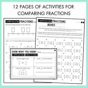 Pages of activities for comparing fractions on a white background with text overlay that reads '12 pages of activities for comparing fractions'.