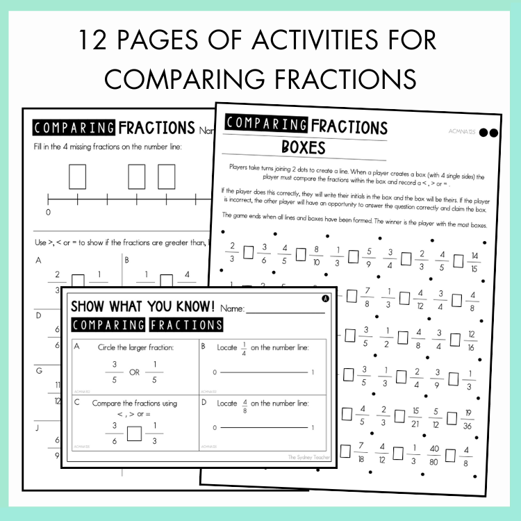 Pages of activities for comparing fractions on a white background with text overlay that reads '12 pages of activities for comparing fractions'.
