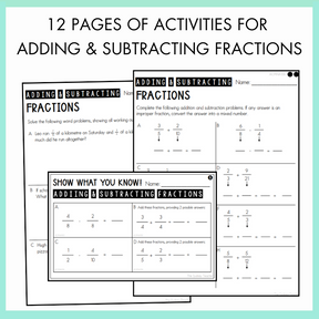Three worksheets on adding and subtracting fractions with a light blue border. On top, the text reads '12 pages of activities for adding and subtracting fractions.'