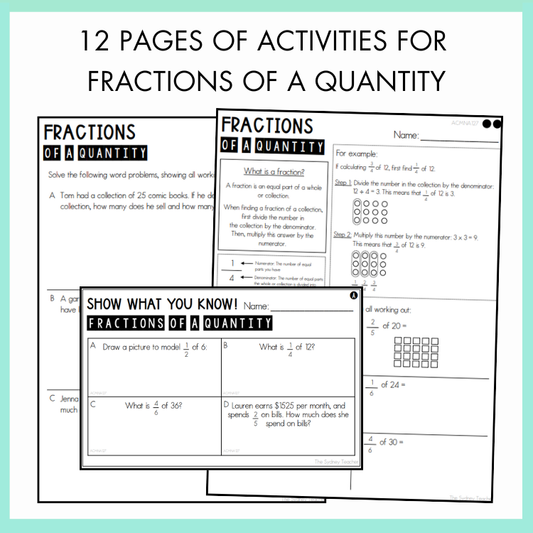 Sheets of activities for teaching fractions of a quantity with text that reads '12 pages of activities for fractions of a quantity'.