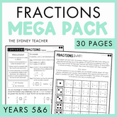 Fractions mega pack for years 5 & 6 by The Sydney Teacher featuring two worksheets titled 'comparing fractions' and 'fractions bump!' with 30 pages on a light green background.