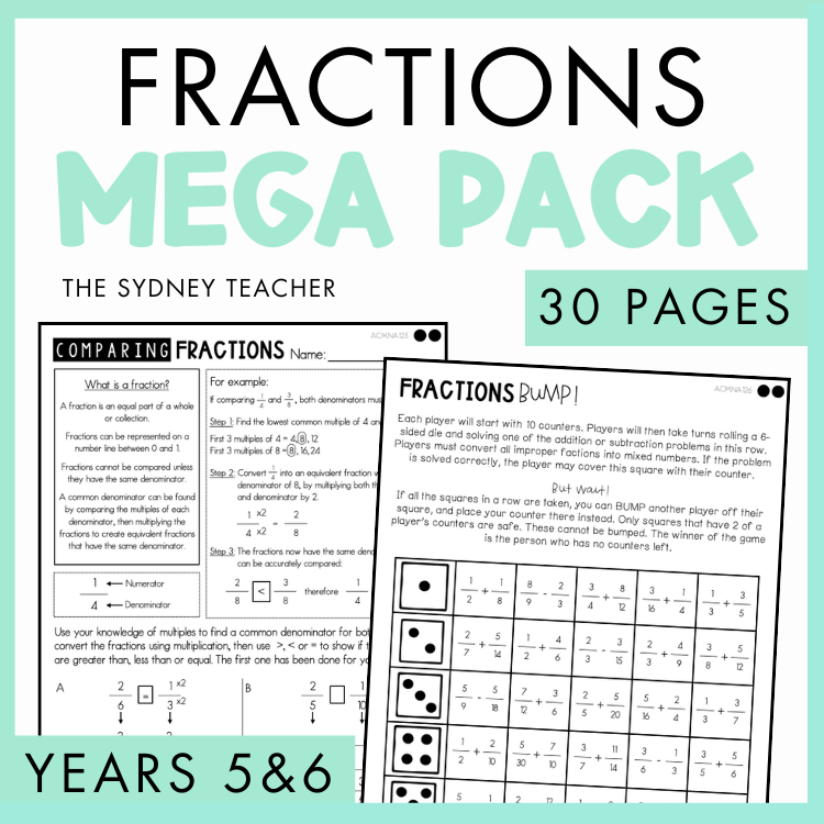 Fractions mega pack for years 5 & 6 by The Sydney Teacher featuring two worksheets titled 'comparing fractions' and 'fractions bump!' with 30 pages on a light green background.