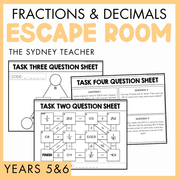 Educational materials for fractions and decimals escape room activity for Years 5&6 by The Sydney Teacher, including task cards and question sheets, on a yellow background.