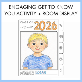 Educational flipbook for a 'Get to Know You' activity with a child's illustration named Logan and 'Class of 2026' text. At the top, the text reads 'engaging get to know you activity plus room display.'