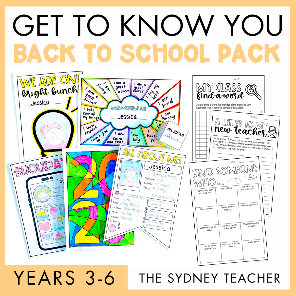 Get to know you back to school pack for years 3-6 by the Sydney Teacher featuring various worksheets and activities with colorful designs and text.