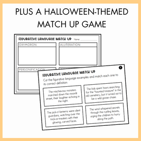 Halloween-themed figurative language match-up game on a white background with text 'Plus Halloween-Themed Match Up Game' on a yellow border.