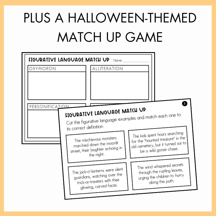 Halloween-themed figurative language match-up game on a white background with text 'Plus Halloween-Themed Match Up Game' on a yellow border.