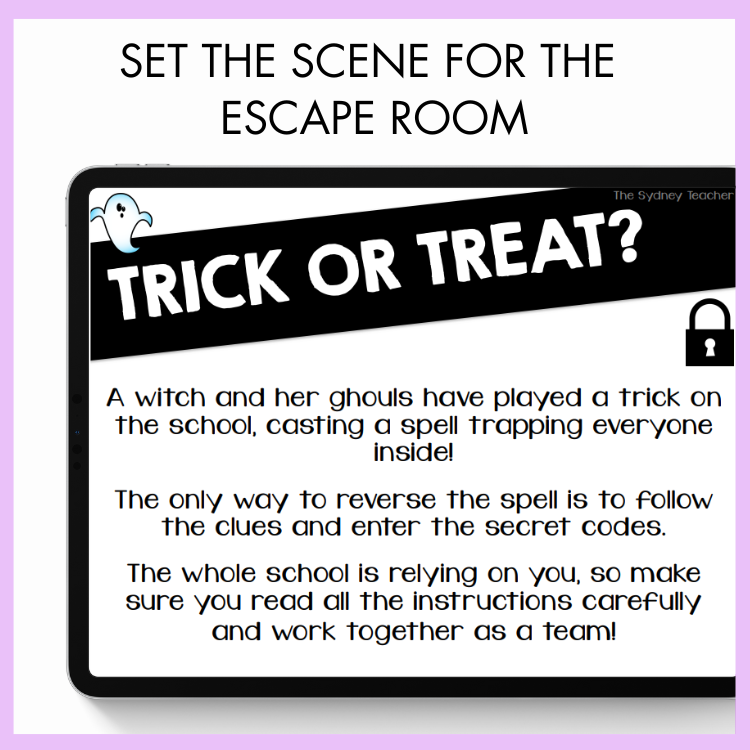 Escape room Trick or Treat? scenario with text 'Set the scene for the escape room' and little ghost graphics with light purple border.
