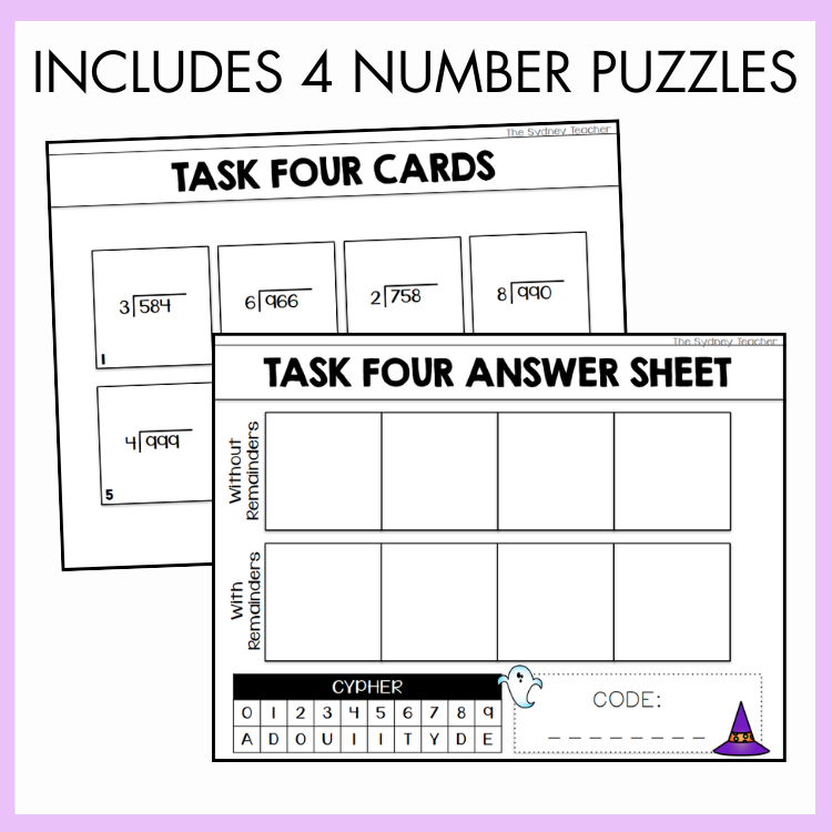 Two halloween task cards with number puzzles and answer sheet on a purple background. The text above reads 'includes 4 number puzzles.'