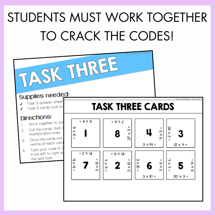 Halloween task cards with 'Task Three' directions and puzzles featuring text on top that reads 'students must work together to crack the codes!' on a purple background.