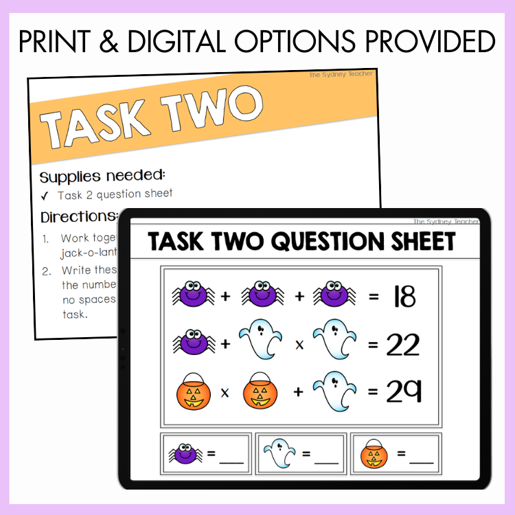 Math printed worksheet with Halloween-themed task and a digital task card shown in a tablet featuring halloween elements with text above the worksheets that reads 'print and digital options provided'  on a purple background.