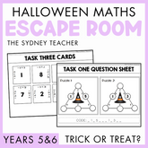 Halloween Maths Escape Room activity for Years 5&6 titled 'Trick or Treat?' by the Sydney Teacher featuring two task cards with puzzles on a purple background.