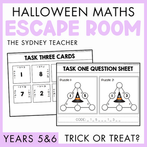 Halloween Maths Escape Room activity for Years 5&6 titled 'Trick or Treat?' by the Sydney Teacher featuring two task cards with puzzles on a purple background.