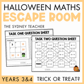 Halloween Maths Escape Room titled 'Trick or Treat?' by the Sydney Teacher featuring activity sheets with maze and a pumpkin icon on a yellow background.