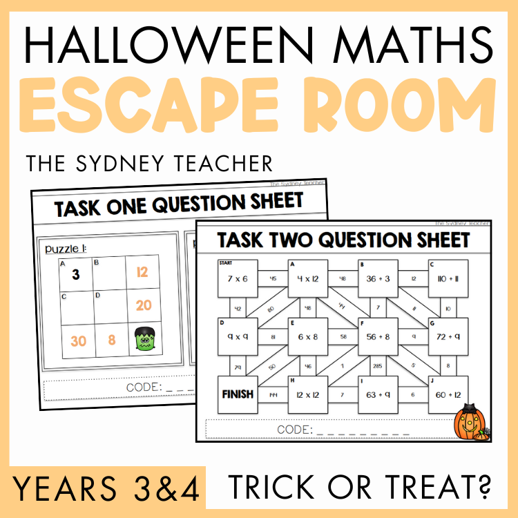 Halloween Maths Escape Room titled 'Trick or Treat?' by the Sydney Teacher featuring activity sheets with maze and a pumpkin icon on a yellow background.