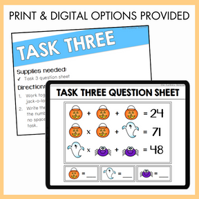 Mathematics worksheets with Halloween-themed problems on a digital and print options card. Above the image, the text reads 'print and digital options provided'