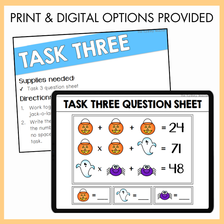 Mathematics worksheets with Halloween-themed problems on a digital and print options card. Above the image, the text reads 'print and digital options provided'